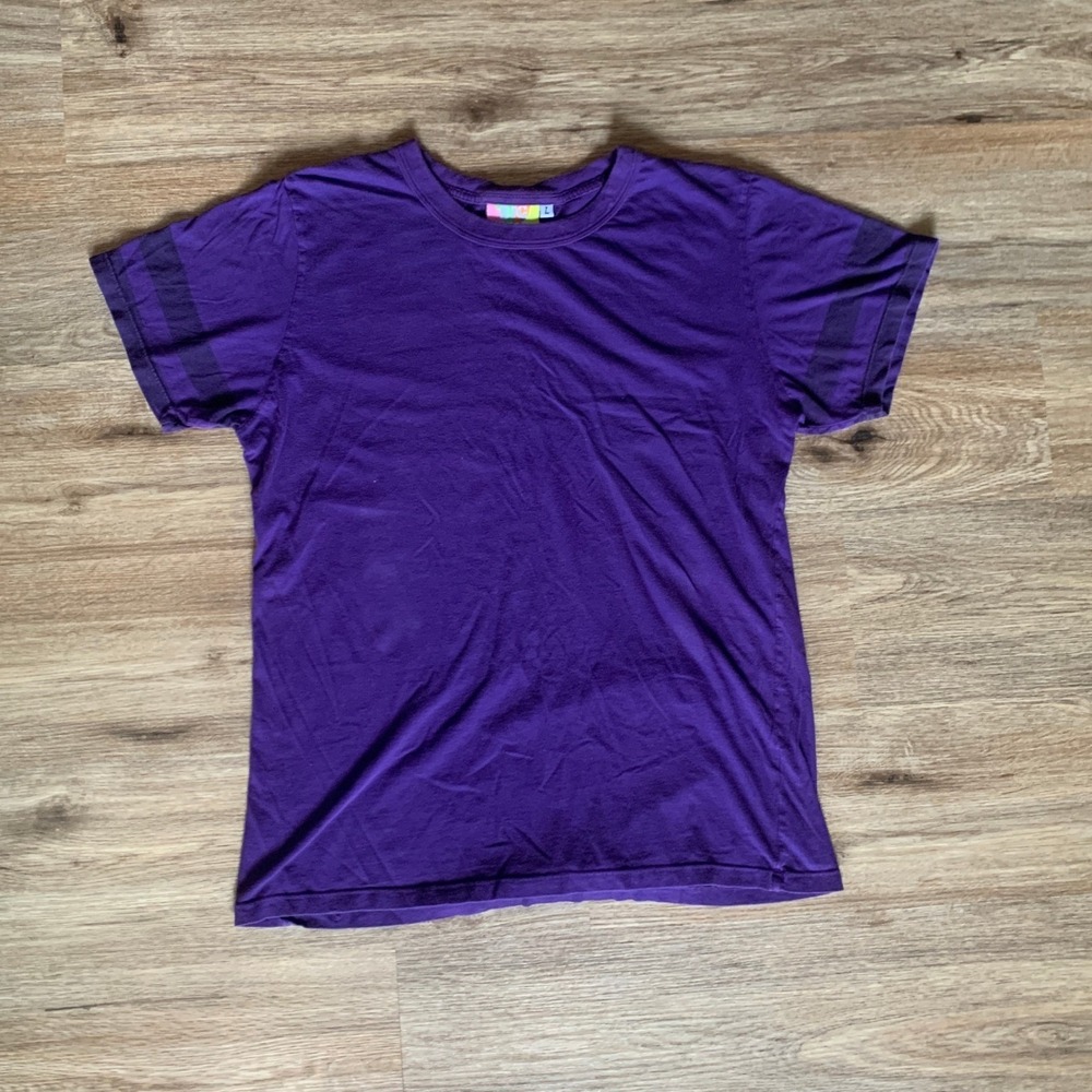 Big Bud Press T-Shirt w/ Striped Sleeves in Purple - Size Large Womens